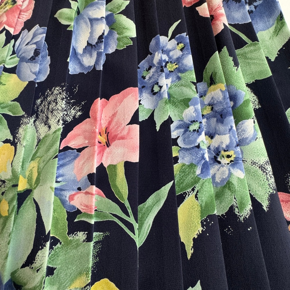 Alfred Dunner Floral Pleated Midi Skirt Womens 12P Navy Blue Pink Elastic Waist - Picture 4 of 9